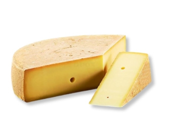 KI generiert: Das Bild zeigt ein großes Stück Käse mit einer angeschnittenen Scheibe. Der Käse hat eine dicke Rinde und eine glatte, gelbliche Innenseite mit vereinzelten Löchern.