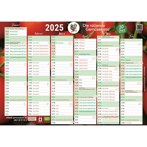 KI generiert: Das Bild zeigt einen Kalender für die ersten sechs Monate des Jahres 2025, der Liefertermine und Veranstaltungen der „rollenden Gemüsekiste“ enthält. Der Kalender hebt spezielle Liefertage und Bestellfristen hervor.